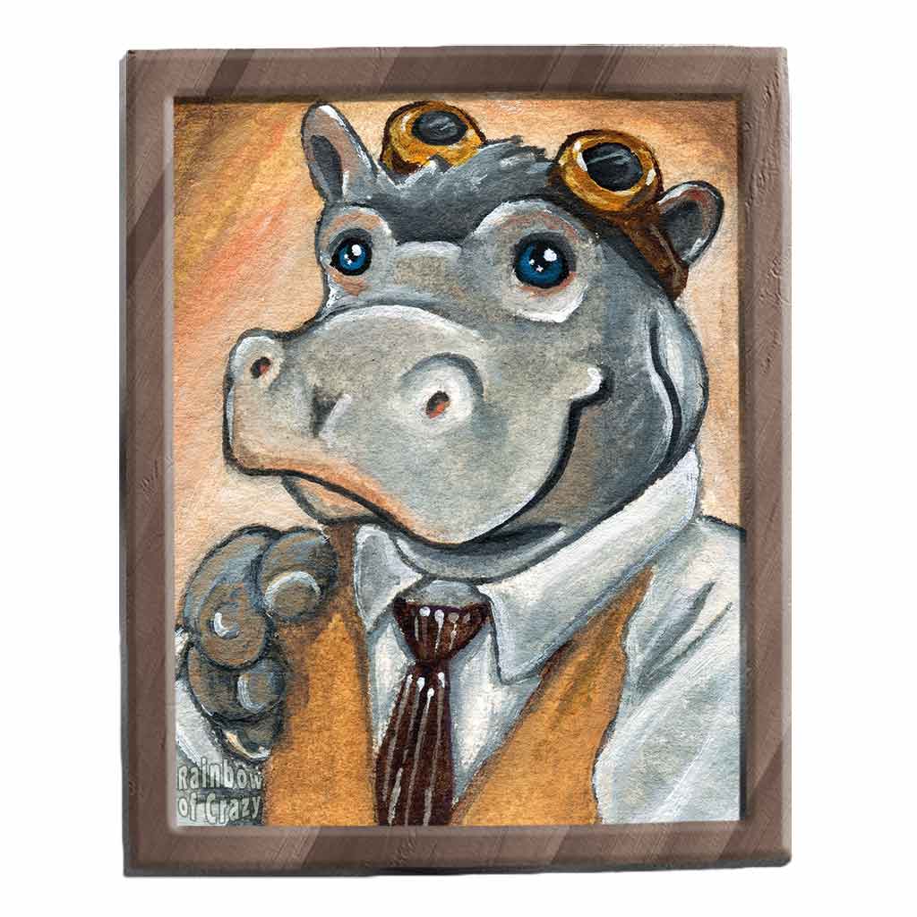 an illustration of a anthropomorphic hippopotamus with blue eyes, wearing a white dress shirt, tan vest, brown striped tie, and steampunk goggles. available as an art print
