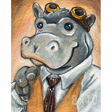 Load image into Gallery viewer, an illustration of a anthropomorphic hippopotamus with blue eyes, wearing a white dress shirt, tan vest, brown striped tie, and steampunk goggles. available as an art print
