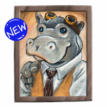 Load image into Gallery viewer, an illustration of a anthropomorphic hippopotamus with blue eyes, wearing a white dress shirt, tan vest, brown striped tie, and steampunk goggles. available as an art print
