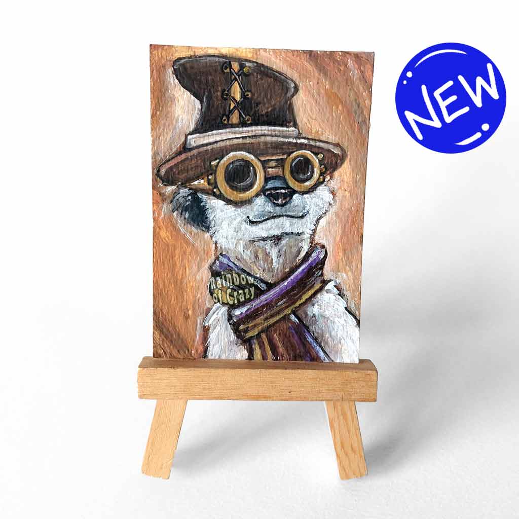 an aceo sized painting, original art. portrait of a meerkat, wearing a steampunk outfit, complete with goggles, top hat, and scarf. 