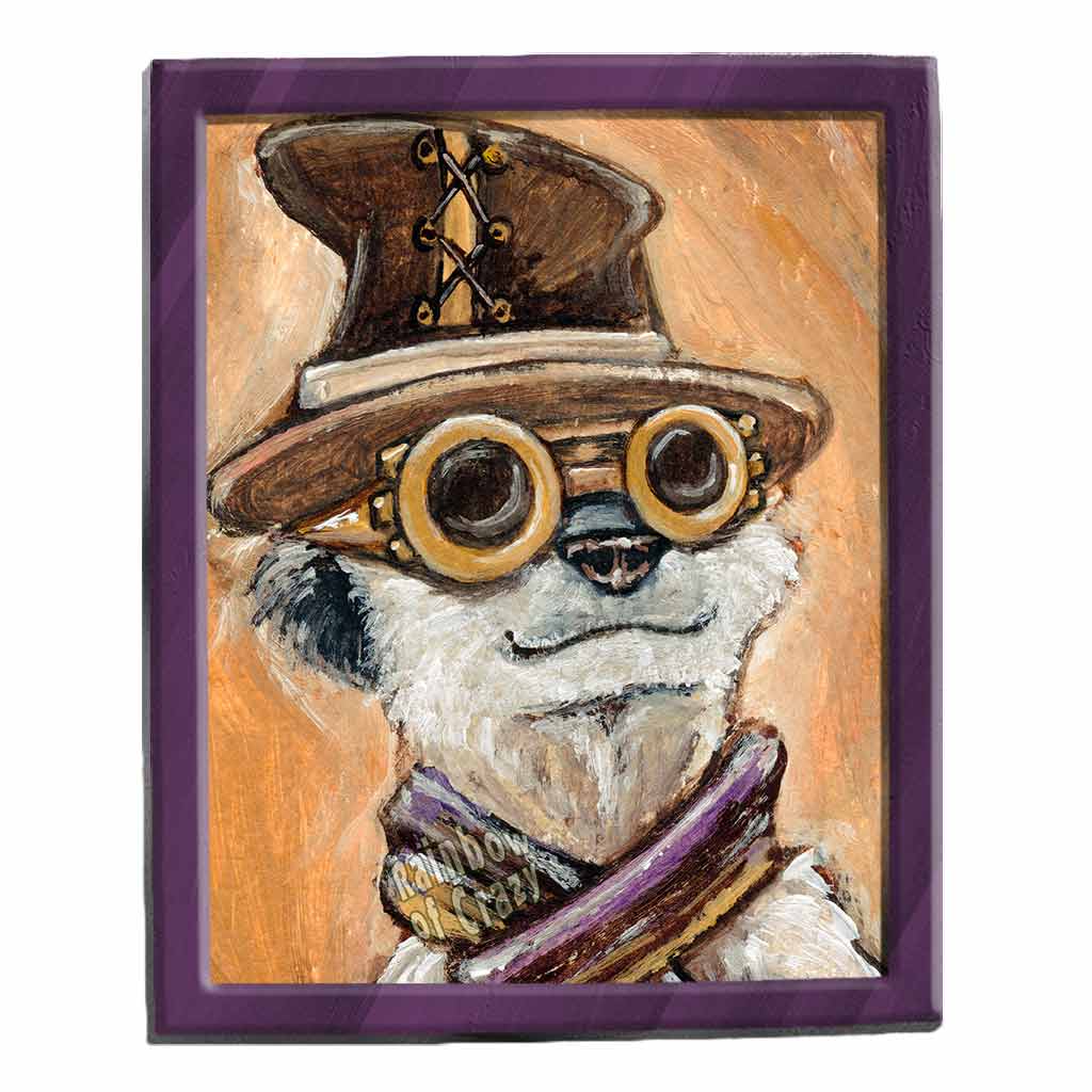 an illustration of a meerkat, dressed in steampunk attire: goggles, scarf, and top hat. available as an art print 