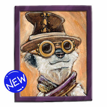 Load image into Gallery viewer, an illustration of a meerkat, dressed in steampunk attire: goggles, scarf, and top hat. available as an art print 
