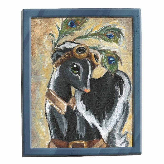 an illustration of a skunk, wearing steampunk style accessories: collar, skirt, goggles, and Peacock feathers. available as an art print