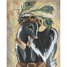 Load image into Gallery viewer, an illustration of a skunk, wearing steampunk style accessories: collar, skirt, goggles, and Peacock feathers. available as an art print
