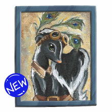 Load image into Gallery viewer, an illustration of a skunk, wearing steampunk style accessories: collar, skirt, goggles, and Peacock feathers. available as an art print
