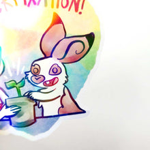 Load image into Gallery viewer, Heart shaped sticker with the word "HYPERFIXATION!" above a Comic Jo and an English Spot rabbit, both smiling as they tend to a potted plant.
