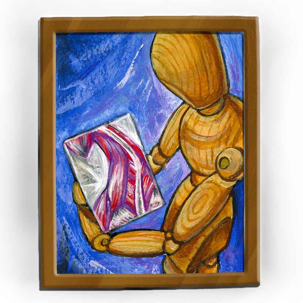 This illustration shows a wood mannequin holding a painting of a human's muscular system