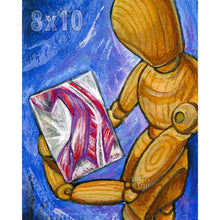 Load image into Gallery viewer, This illustration shows a wood mannequin holding a painting of a human&#39;s muscular system
