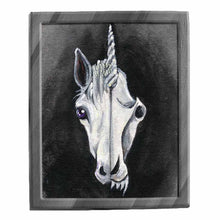 Load image into Gallery viewer, an illustration of a unicorn, split into two sides. the left side features half ot he unicorn&#39;s face, while the right side reveals its eerie skull. available as an art print
