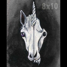 Load image into Gallery viewer, an illustration of a unicorn, split into two sides. the left side features half ot he unicorn&#39;s face, while the right side reveals its eerie skull. available as an art print
