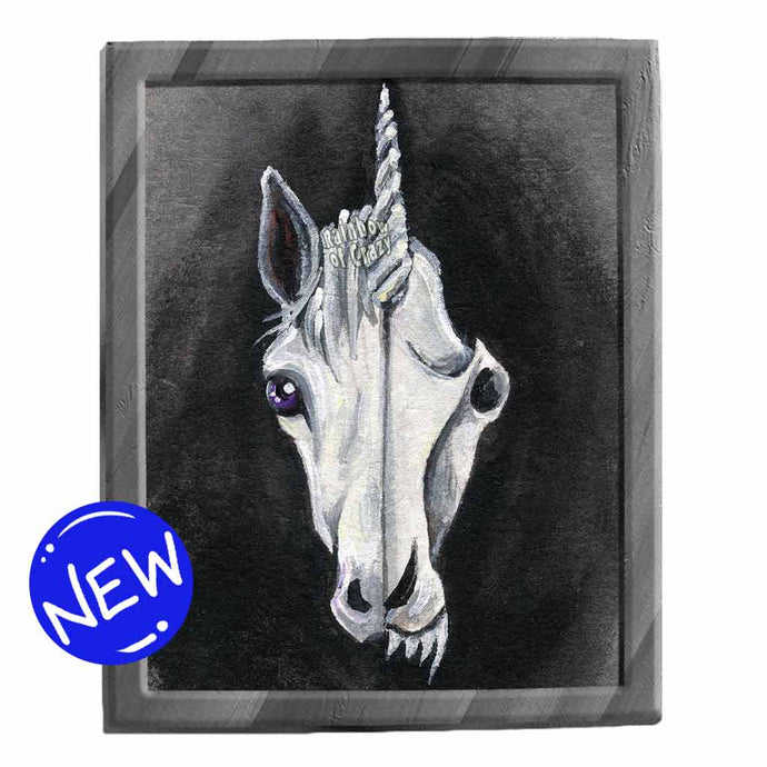 an illustration of a unicorn, split into two sides. the left side features half ot he unicorn's face, while the right side reveals its eerie skull. available as an art print