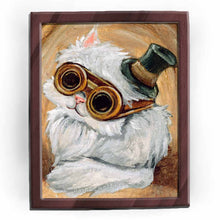 Load image into Gallery viewer, print of a white persian cat with steampunk goggles and a small top hat, against a soft brown background
