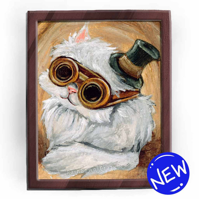 print of a white persian cat with steampunk goggles and a small top hat, against a soft brown background