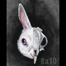 Load image into Gallery viewer, an art print featuring an illustration of a white rabbit&#39;s face. the image is split into two sides: the right side revealing the rabbit&#39;s skull.
