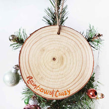 Load image into Gallery viewer, The back of an American Curl catwood ornament, signed with Rainbow of Crazy

