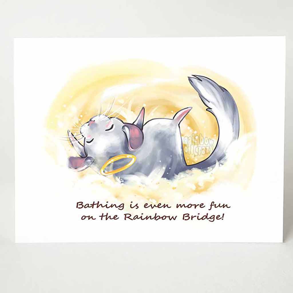 A greeting card with a chinchilla angel, rolling around in the clouds, that reads, 
