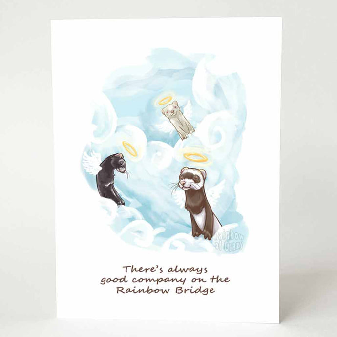 A greeting card with three ferret angels on top of the clouds. The card reads, 