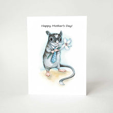 Load image into Gallery viewer, A greeting card printed wtih art of a gerbil, wearing a blue tie and holding a flower, it reads, &quot;Happy Mother&#39;s Day!&quot;
