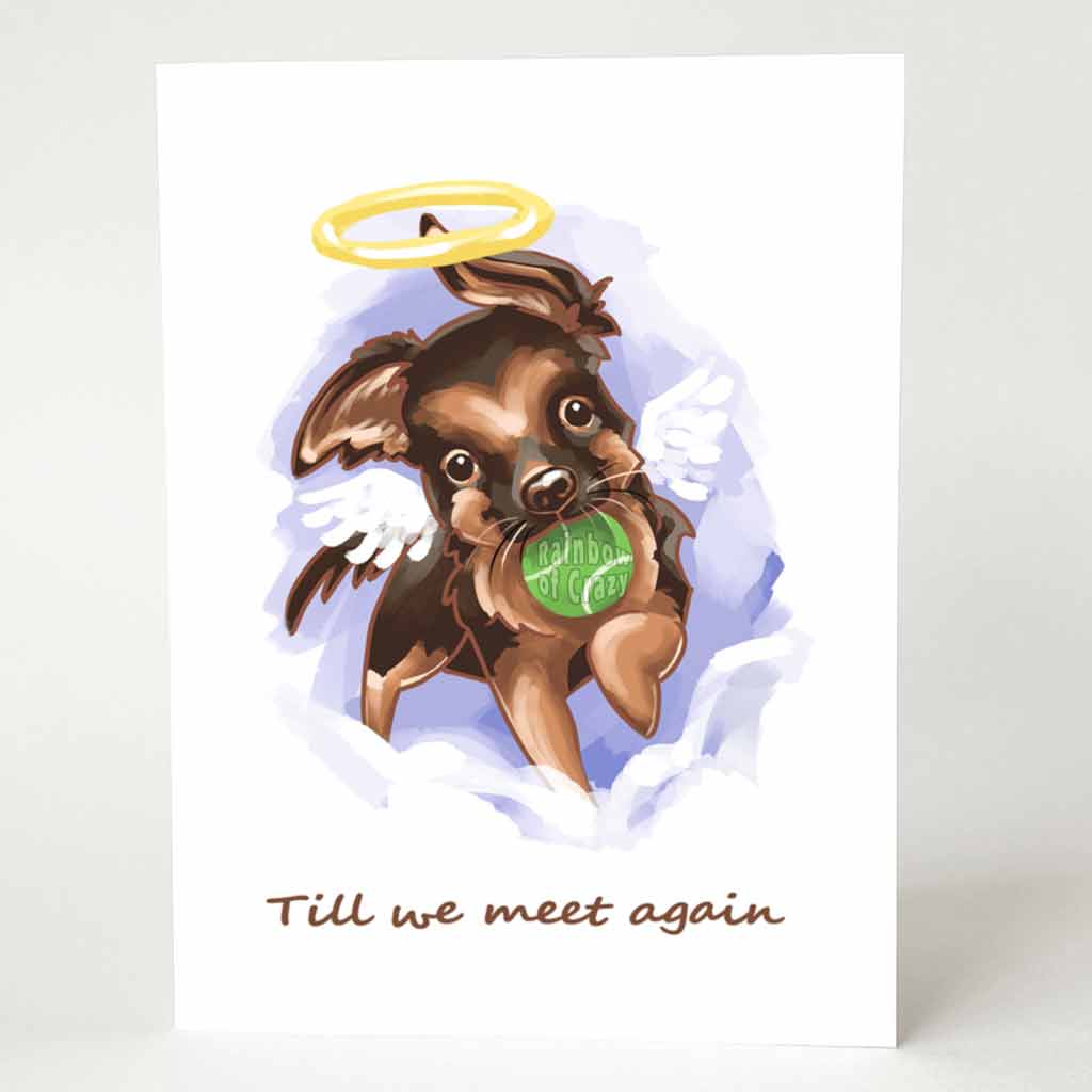 A greeting card with an illustration of a cartoon German Shepherd dog angel with a green tennis ball in its mouth, with the words, 