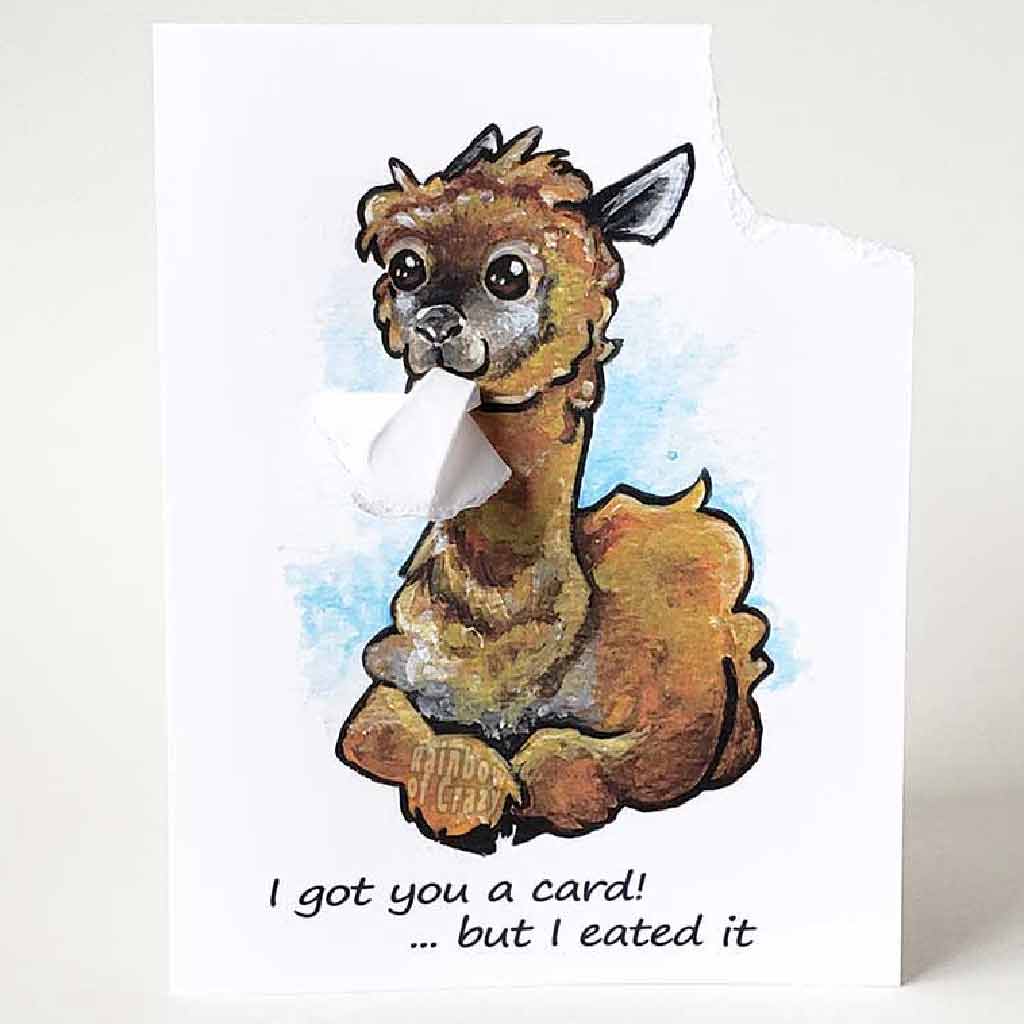 a greeting card with art of an alpaca. text reads, 