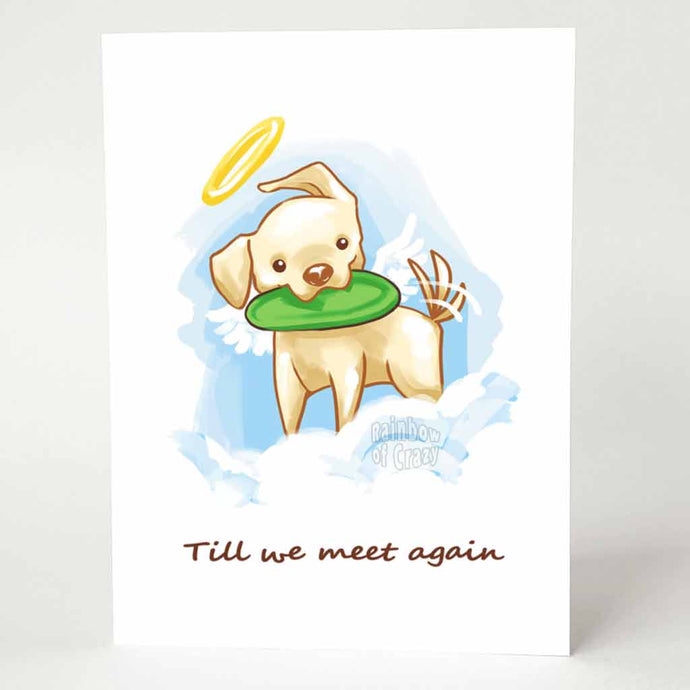 A greeting card featuring a golden retriever dog drawn as an angel, with a green frisbee in its mouth, with the words, 
