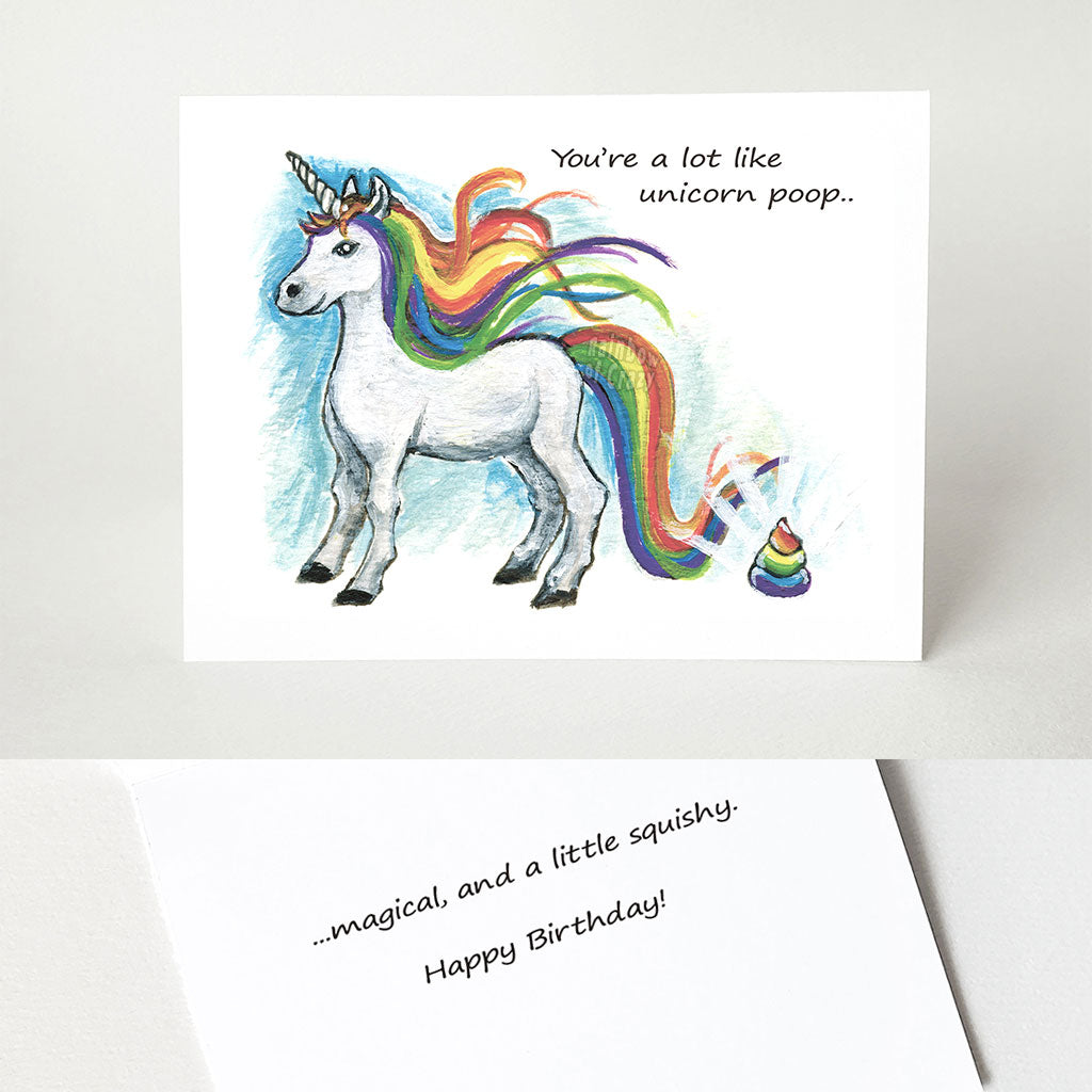 A collage of two images: the top image is a funny greeting card with a rainbow unicorn, and its poop on the ground. Text reads,