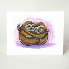 Load image into Gallery viewer, A greeting card with art of two sloths hugging, in front of a purple and pink background
