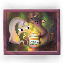 Load image into Gallery viewer, An art print featuring an illustration of a white cat and black cat thoroughly enjoying the scent of a candle labeled, Cataire.
