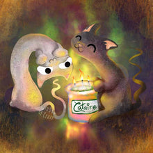 Load image into Gallery viewer, An art print featuring an illustration of a white cat and black cat thoroughly enjoying the scent of a candle labeled, Cataire.
