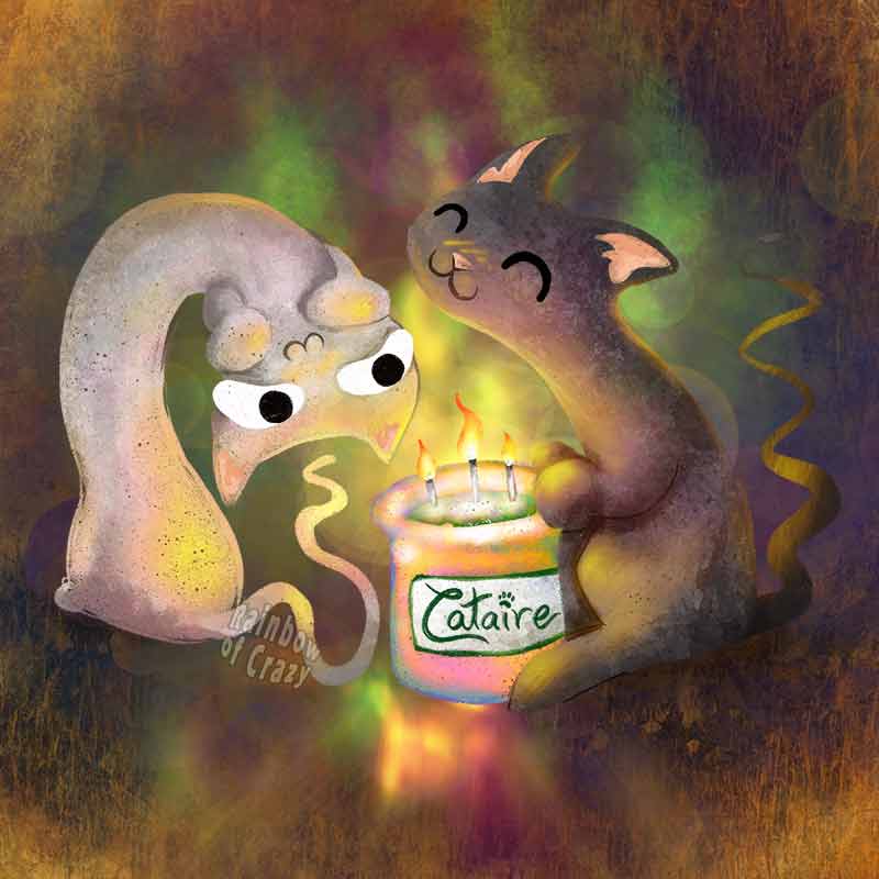 An art print featuring an illustration of a white cat and black cat thoroughly enjoying the scent of a candle labeled, Cataire.