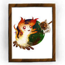 Load image into Gallery viewer, an art print featuring an illustration of a white cat painted as a camp fire, and a black cat painted as a small roasted marshmallow.
