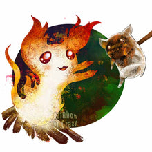 Load image into Gallery viewer, an art print featuring an illustration of a white cat painted as a camp fire, and a black cat painted as a small roasted marshmallow.

