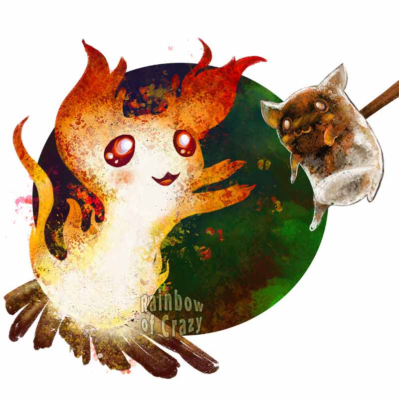 an art print featuring an illustration of a white cat painted as a camp fire, and a black cat painted as a small roasted marshmallow.