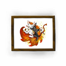 Load image into Gallery viewer, an art print featuring a black cat and white cat with maple leaves on their heads, flying on top of a giant maple leaf
