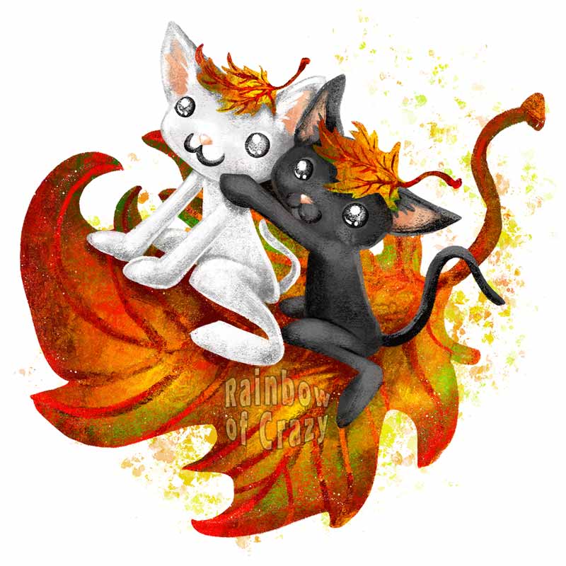 an art print featuring a black cat and white cat with maple leaves on their heads, flying on top of a giant maple leaf