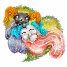 Load image into Gallery viewer, an art print featuring an illustration of two cats curled up in giant fuzzy socks and smaller socks on their ears. the black cat is knitting while the white cat is sleeping
