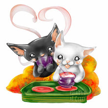 Load image into Gallery viewer, an art print featuring an illustration of a black cat and a white cat, wrapped up in a blanket, sipping soup. Steam rises up into a shape of a heart.
