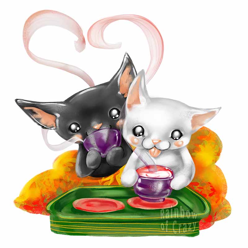 an art print featuring an illustration of a black cat and a white cat, wrapped up in a blanket, sipping soup. Steam rises up into a shape of a heart.