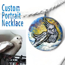 Load image into Gallery viewer, A custom pet portrait painting, on a circle wood necklace, of a grey cockatiel bird as an angel, sitting on clouds
