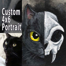 Load image into Gallery viewer, a custom split portrait painting of a black cat. on the left side: a black cat&#39;s face, on the right: its dark, stylized skull
