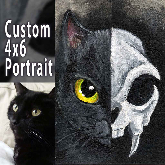 a custom split portrait painting of a black cat. on the left side: a black cat's face, on the right: its dark, stylized skull