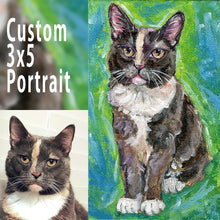 Load image into Gallery viewer, A custom pet portrait of a calico cat with brown, black, and white fur, and yellow eyes, painted with acrylic paint on 3x5 inch canvas board
