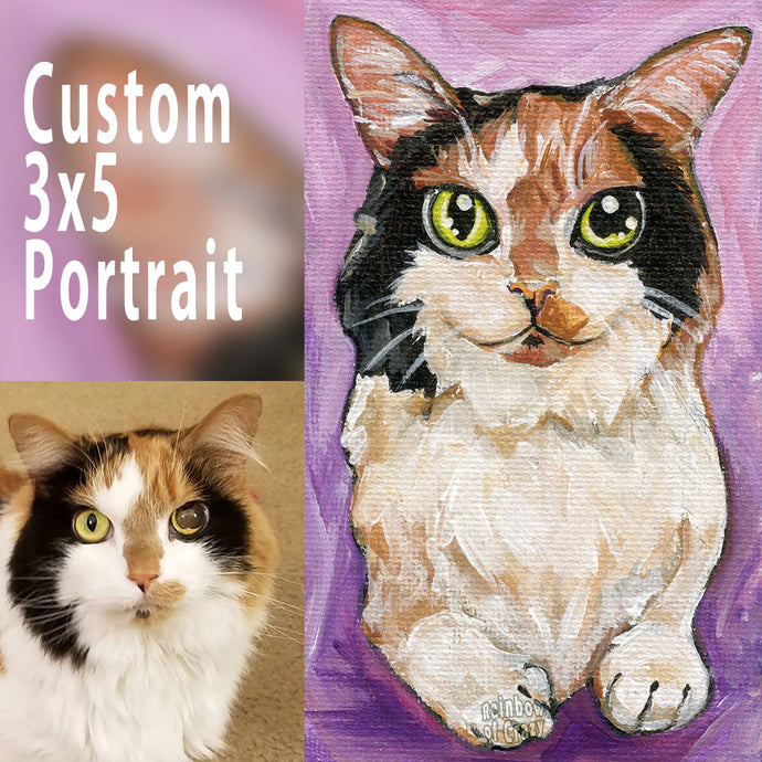 custom pet art of a cat with orange, black, and white fur, and yellow eyes, painted with acrylic paint on 3x5 inch canvas board