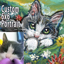 Load image into Gallery viewer, a custom pet portrait of a gray and white cat sitting on a field of flowers, painted on a 6x6 inch canvas
