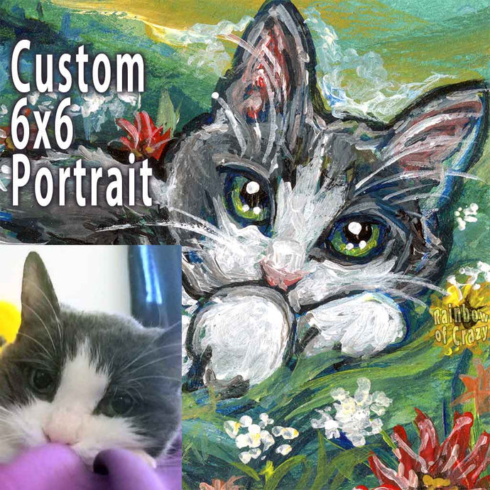 a custom pet portrait of a gray and white cat sitting on a field of flowers, painted on a 6x6 inch canvas
