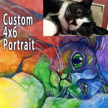 Load image into Gallery viewer, a custom painting of a black and white cat painted with rainbow colours over 4x6 inch canvas
