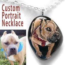 Load image into Gallery viewer, A personalized pet portrait necklace, painted on a beach stone, of a brown pitbull
