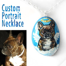 Load image into Gallery viewer, A beach pebble custom made into a pendant necklace, with the portrait of a brown French bulldog as an angel.
