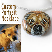 Load image into Gallery viewer, a peach coloured beach stone, painted with the a custom portrait of a Staffordshire Terrier dog and handmade into a necklace
