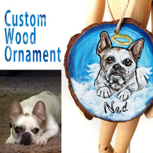 Load image into Gallery viewer, custom wood christmas tree ornament, hand painted with a portrait of a white dog, as an angel in the clouds, with the name &quot;ned&quot; added underneath
